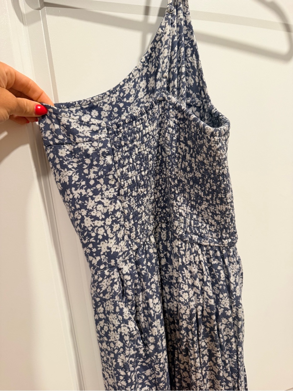 Abercrombie & Fitch Navy and White Floral Smocked One Shoulder Jumpsuit